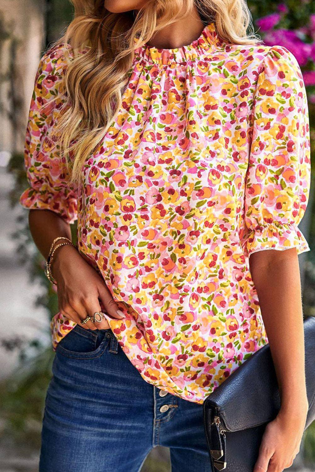 Floral Frill Mock Neck Blouse