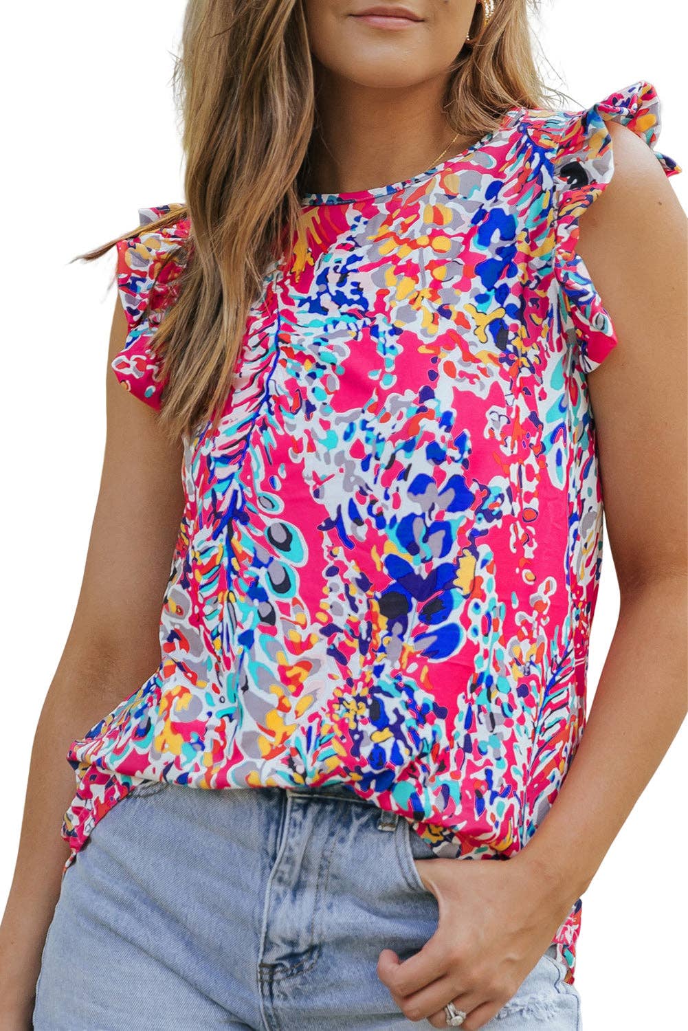 Floral Print Tank Top with Ruffles