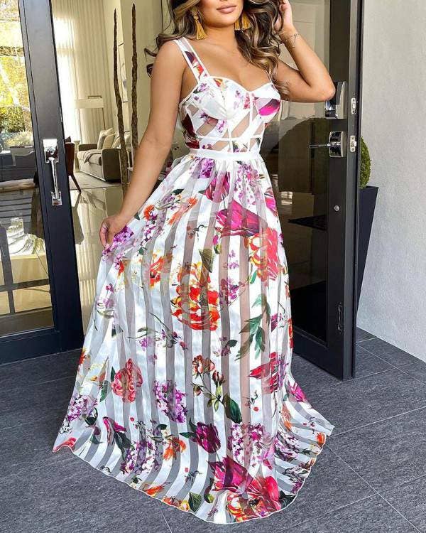 Sheer mesh patch floral print maxi dress coverup