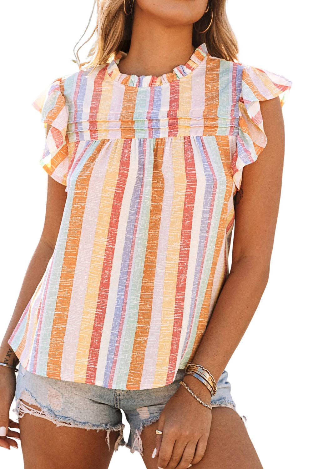 Multicolor Striped Color Block Ruffled O-neck Sleeveless Top