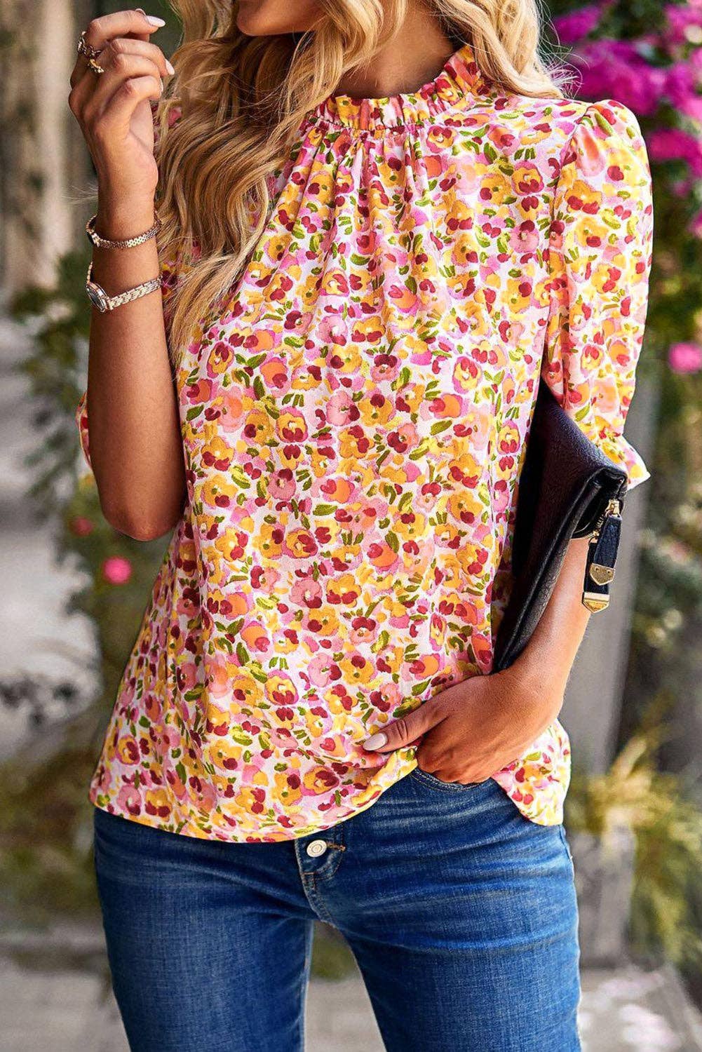 Floral Frill Mock Neck Blouse