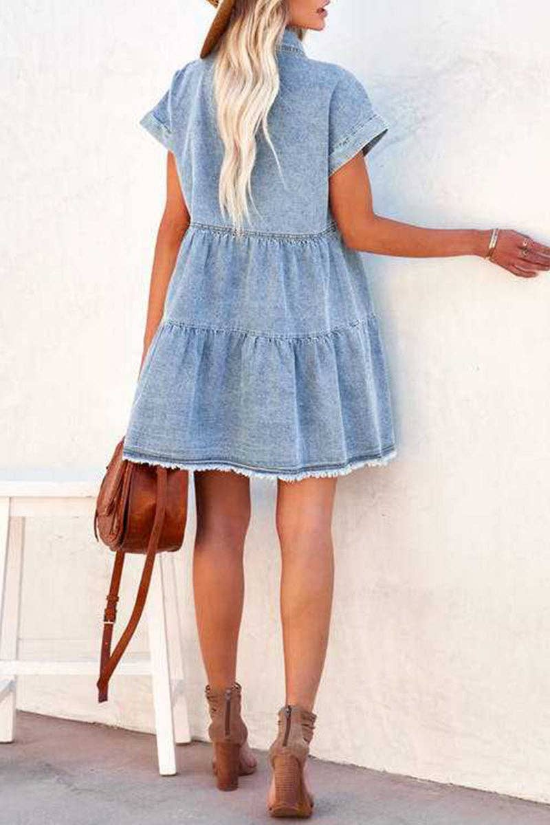 Street Solid Patchwork Turndown Collar Short Sleeve Loose Denim Dresses