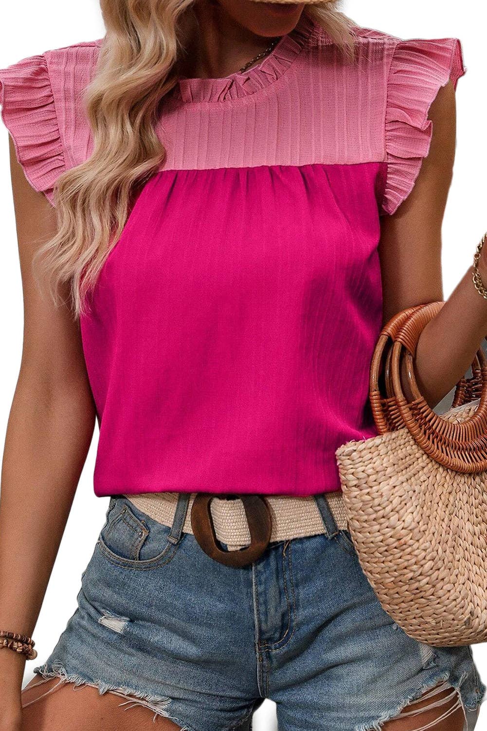 Colorblock Flutter Sleeve Blouse