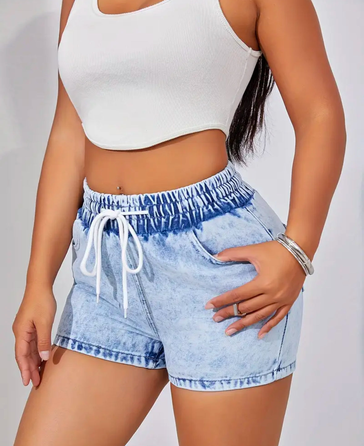 Pre-order Washed Blue Plain Drawstring Elastic Waist Denim Shorts