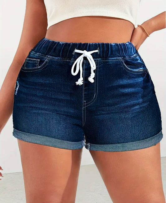 Pre-order Plus Size Dark Washed Blue Drawstring Roll Up Hem Denim Shorts