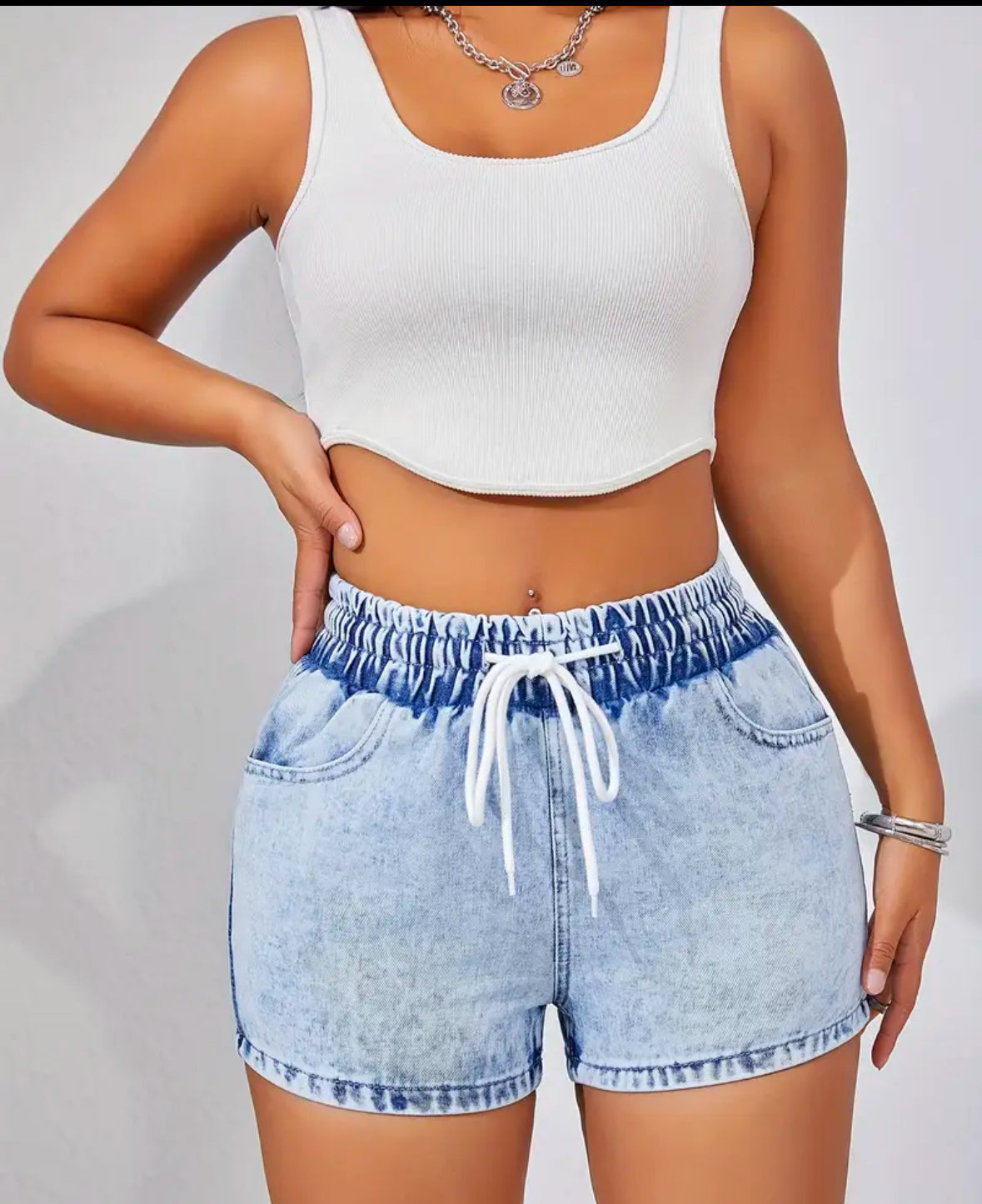 Pre-order Washed Blue Plain Drawstring Elastic Waist Denim Shorts