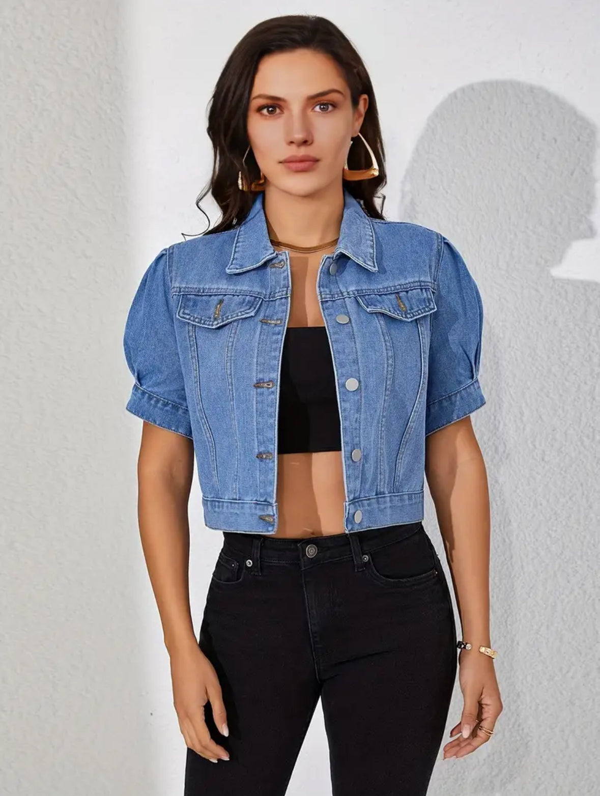 Cropped Short Sleeve Denim Jacket